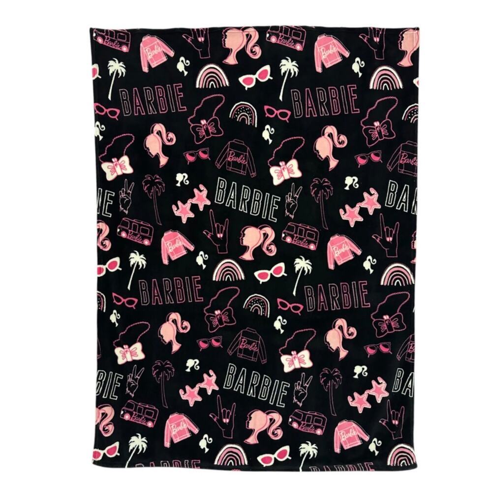 New Barbie Fashion Icons Throw Blanket Plush Black Pink 60" x 46"